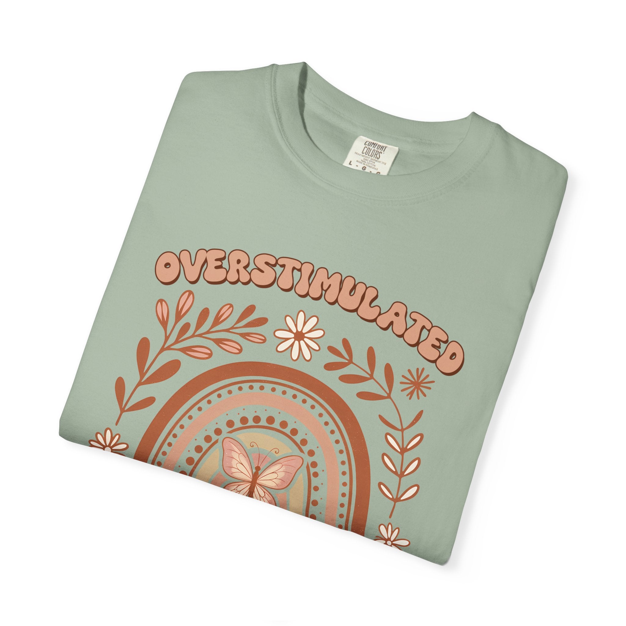 Moms Club Tee — "Overstimulated" Retro Floral Rainbow Mother's Day Shirt