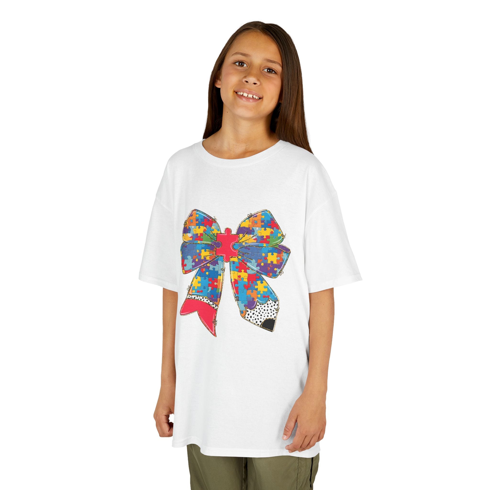 Autism Awareness Puzzle Bow Kids T‑Shirt – Autism Acceptance Gift