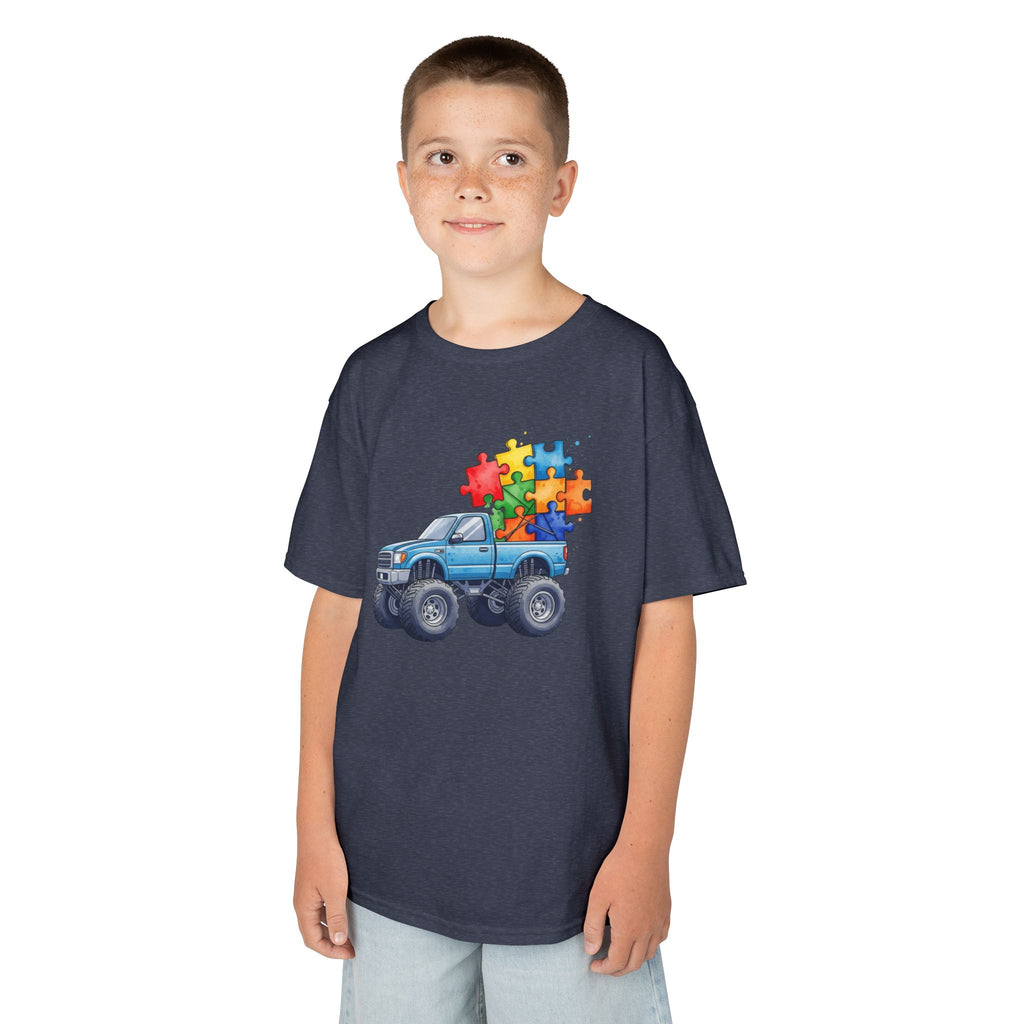 Kids Monster Truck Autism Awareness T‑Shirt — Puzzle Piece Ride