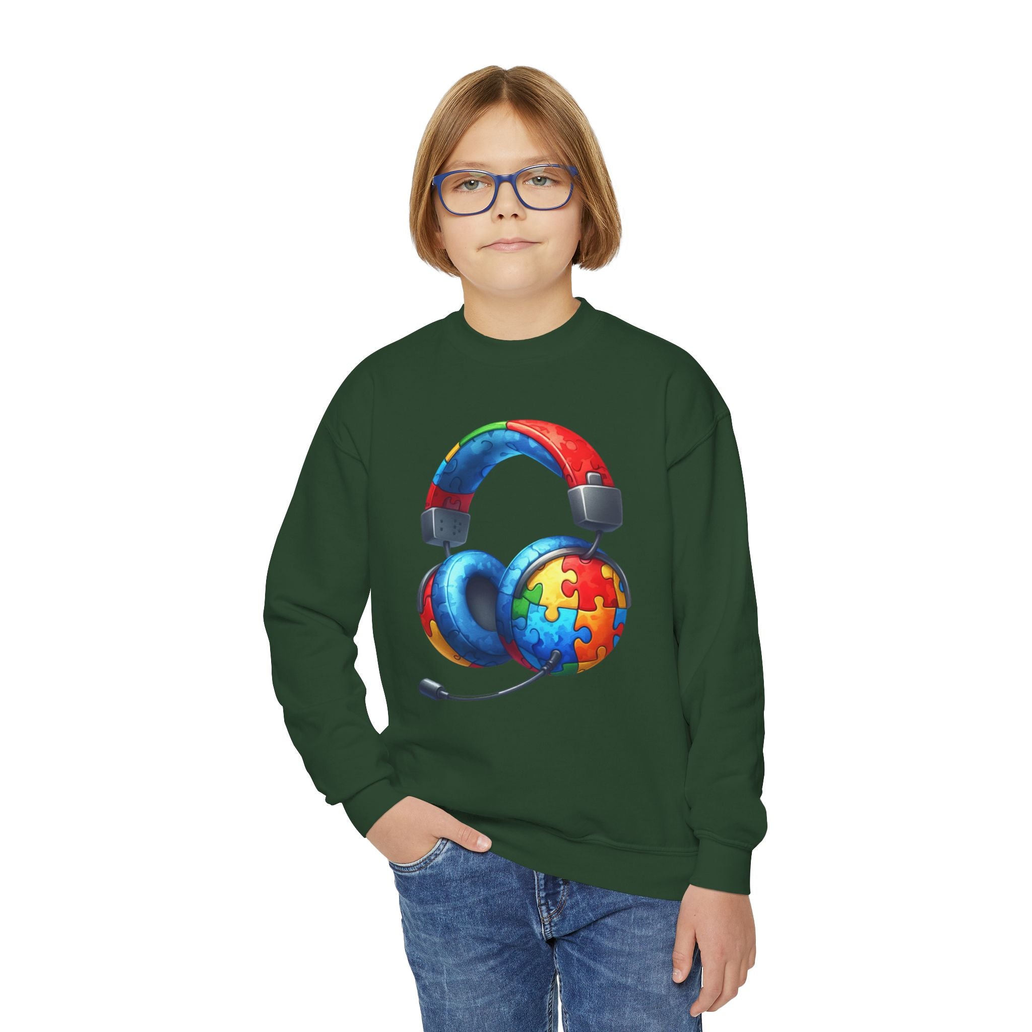 Youth Crewneck Sweatshirt — Colorful Headphones with Puzzle Heart Graphic (Autism Awareness)