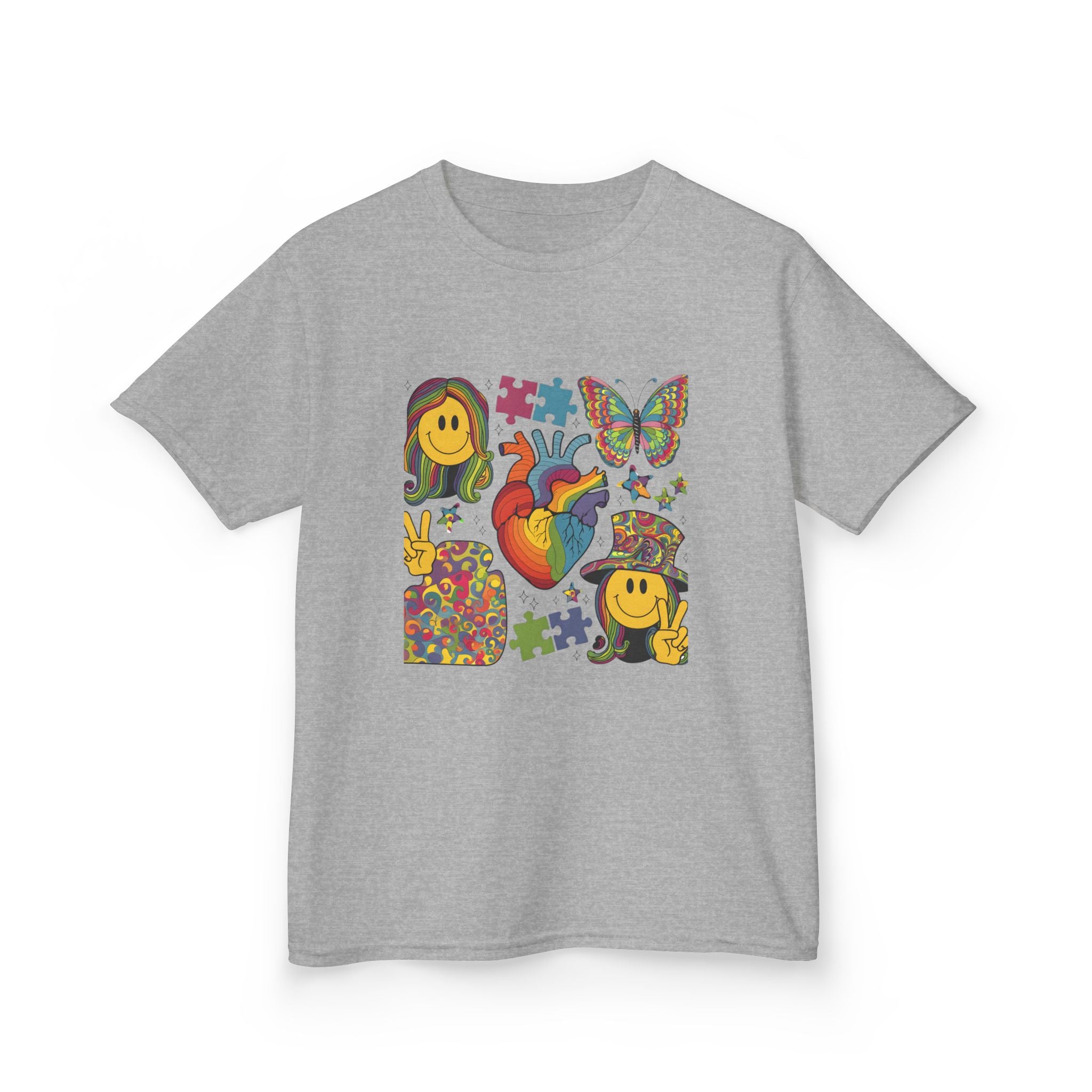Kids Tee — Colorful Psychedelic Smiley & Puzzle Heart Graphic