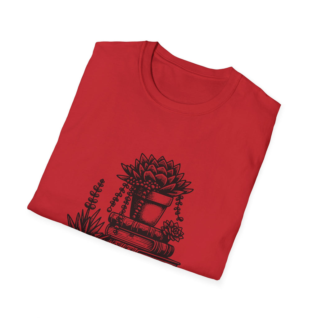 T-Shirt — "Just a Girl Who Loves Books" Floral Succulent Stack