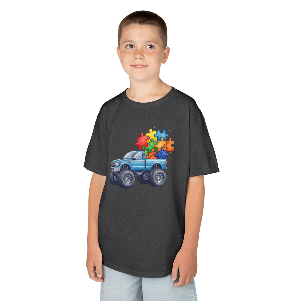 Kids Monster Truck Autism Awareness T‑Shirt — Puzzle Piece Ride