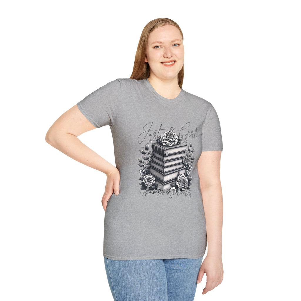 Book Lover T-Shirt — "Just a Girl Who Loves Books" Floral Stack Design