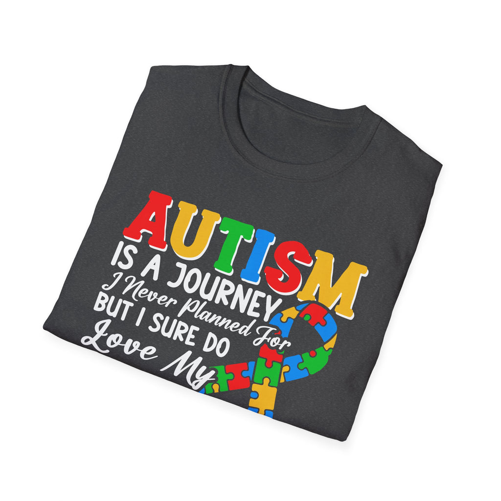 Autism Mom T-Shirt – “Autism Is a Journey…I Love My Tour Guide” Puzzle Ribbon Tee