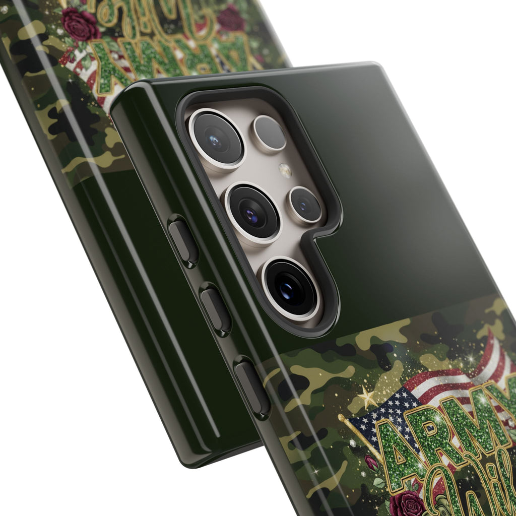 Army Wife Tough Phone Case — Camo Flag Design with Roses