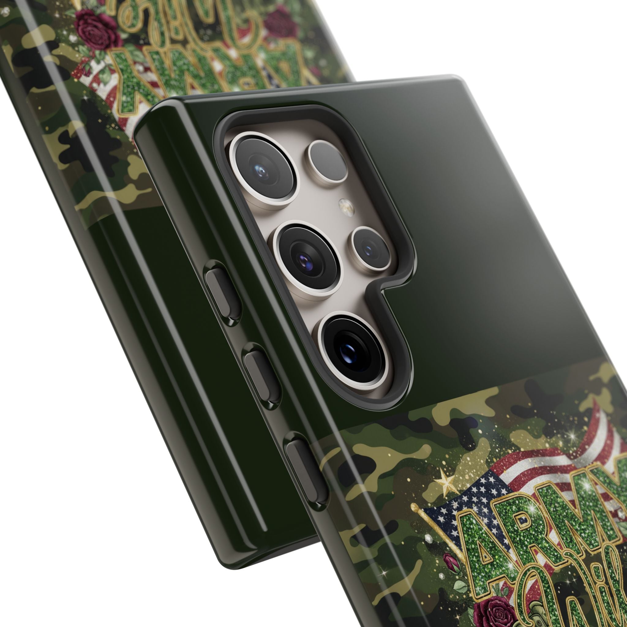 Army Wife Tough Phone Case — Camo Flag Design with Roses