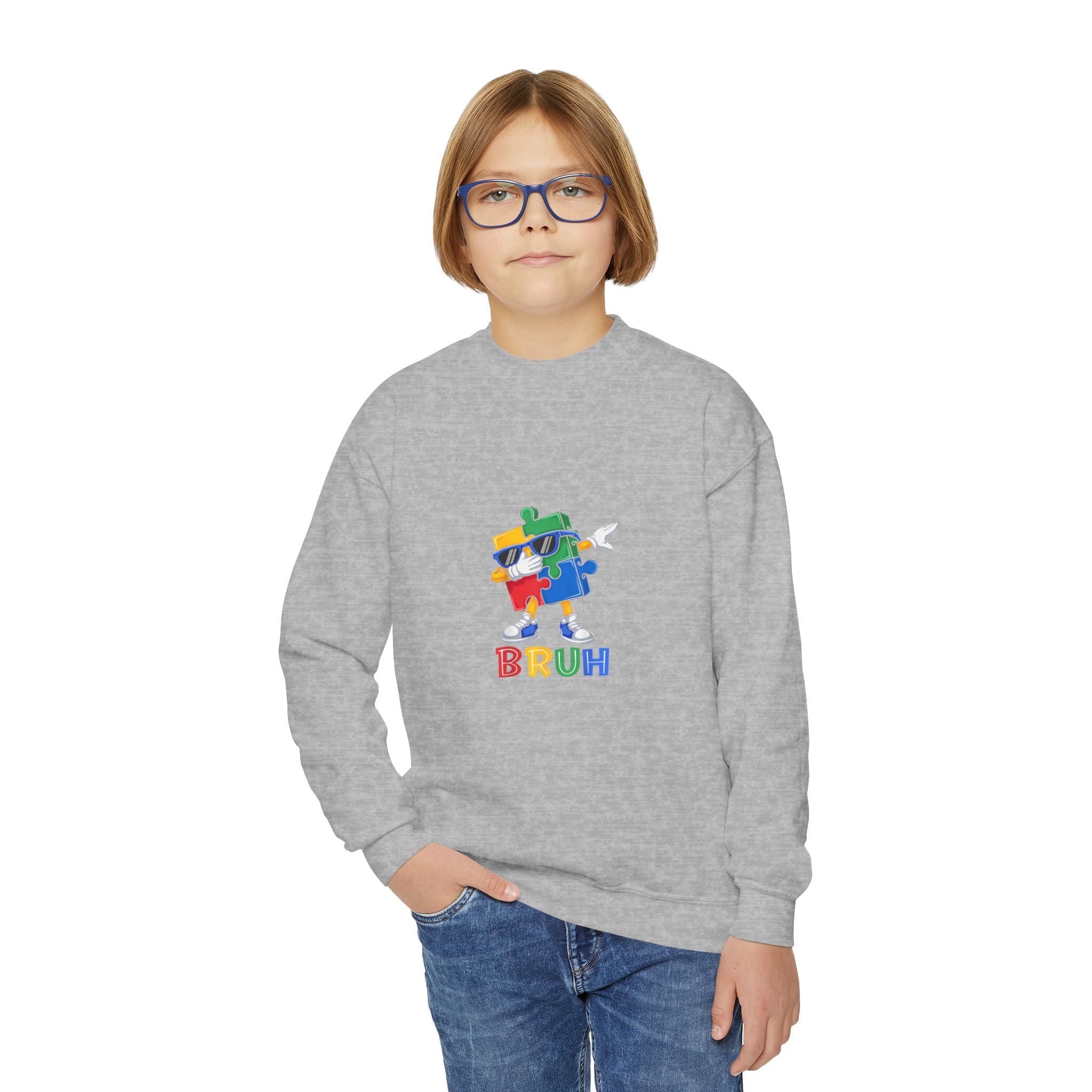 Youth Crewneck Sweatshirt — Colorful Cartoon Puzzle 'BRUH' Graphic