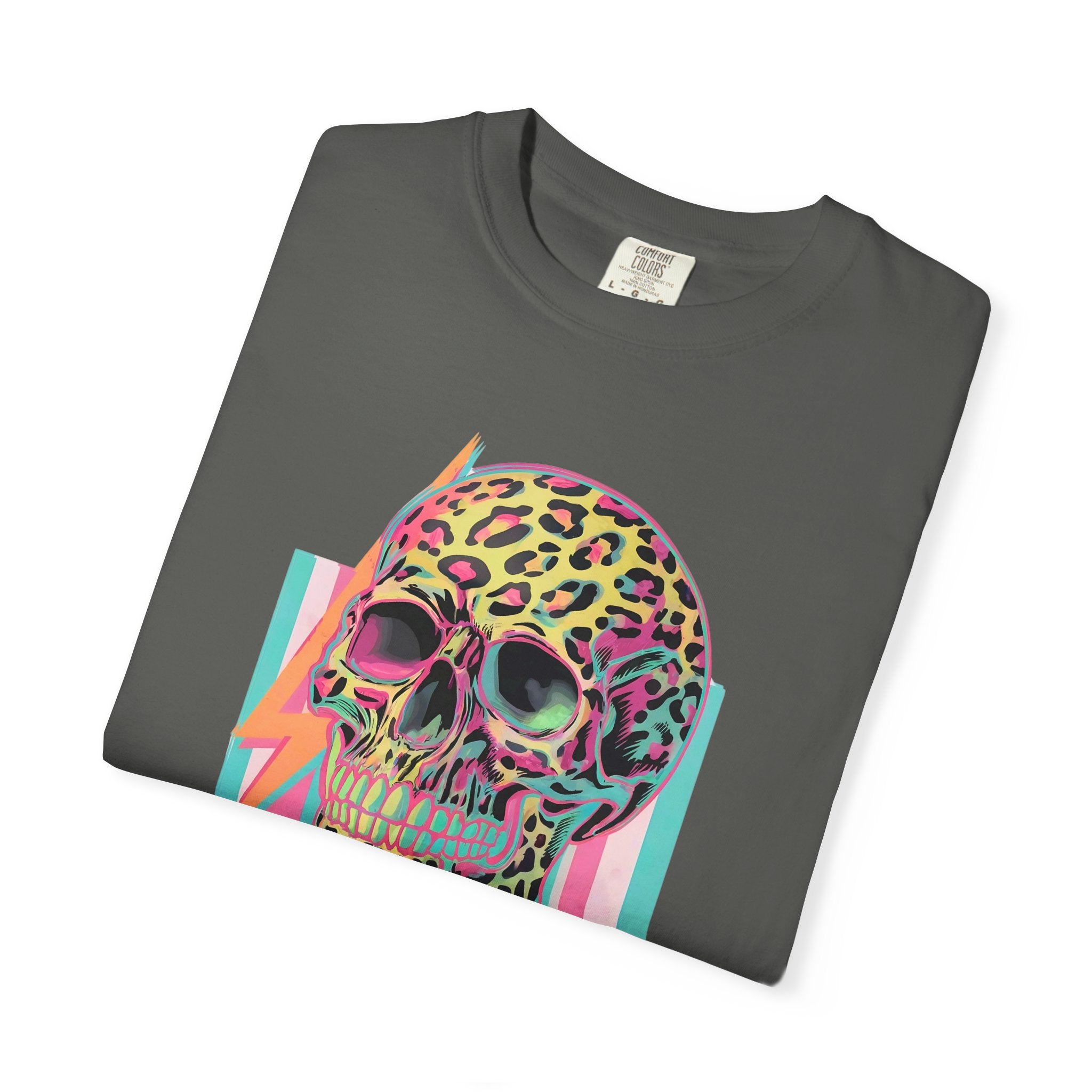 Stressed Since Birth T-Shirt — Neon Leopard Skull Graphic Tee