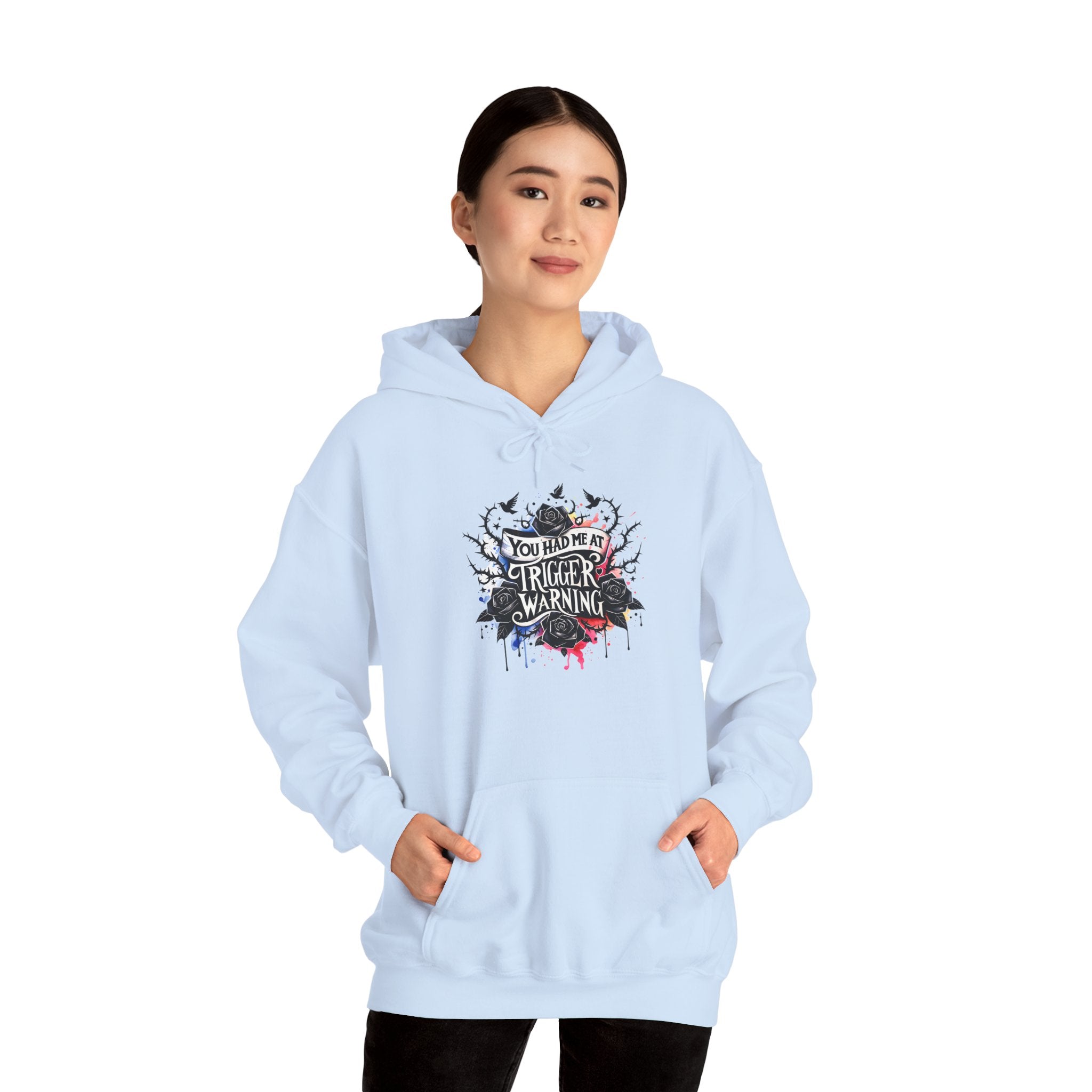 Trigger Warning Graphic Hoodie — Edgy Drip Paint Design