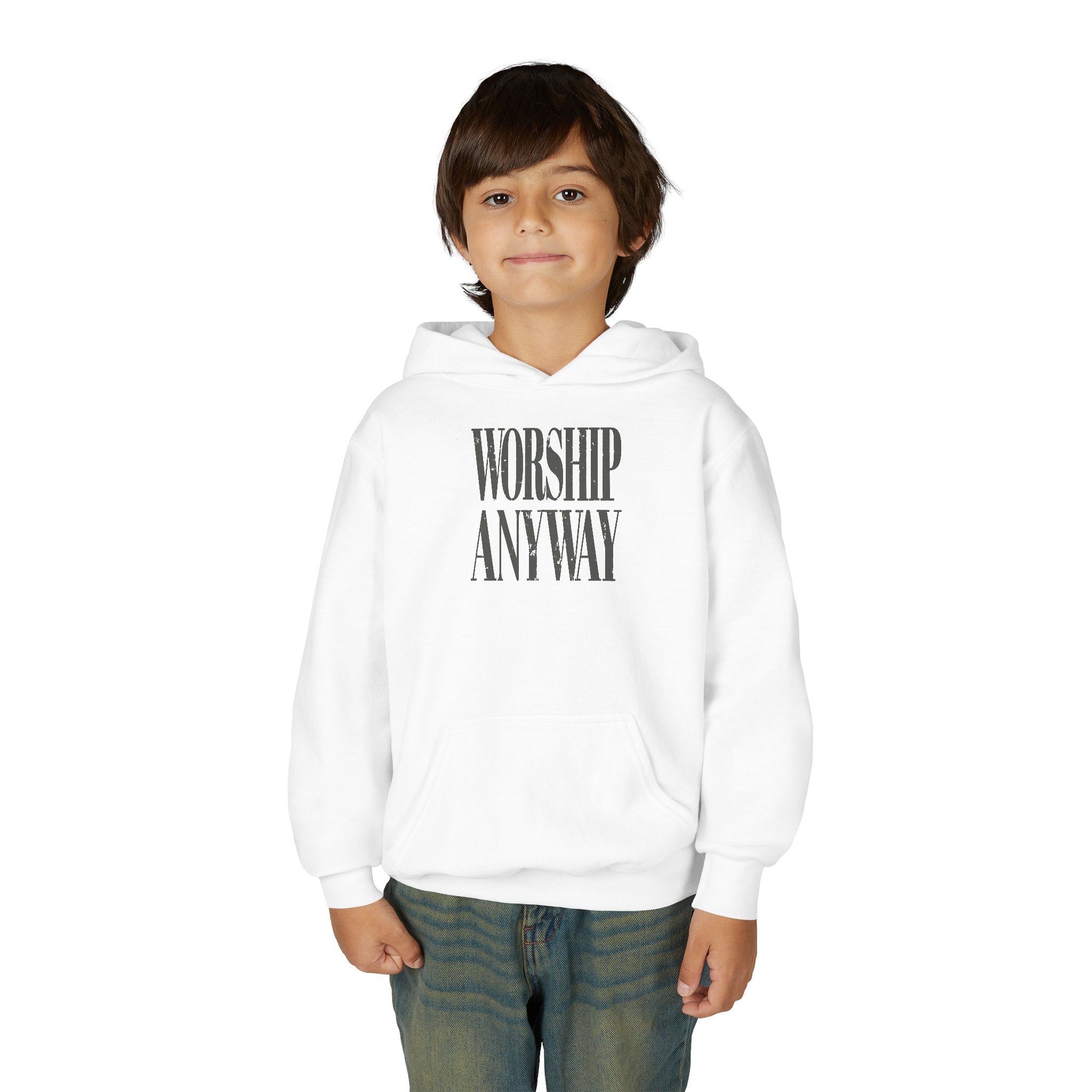 Youth Hoodie — "Worship Anyway" Minimalist Faith Pullover