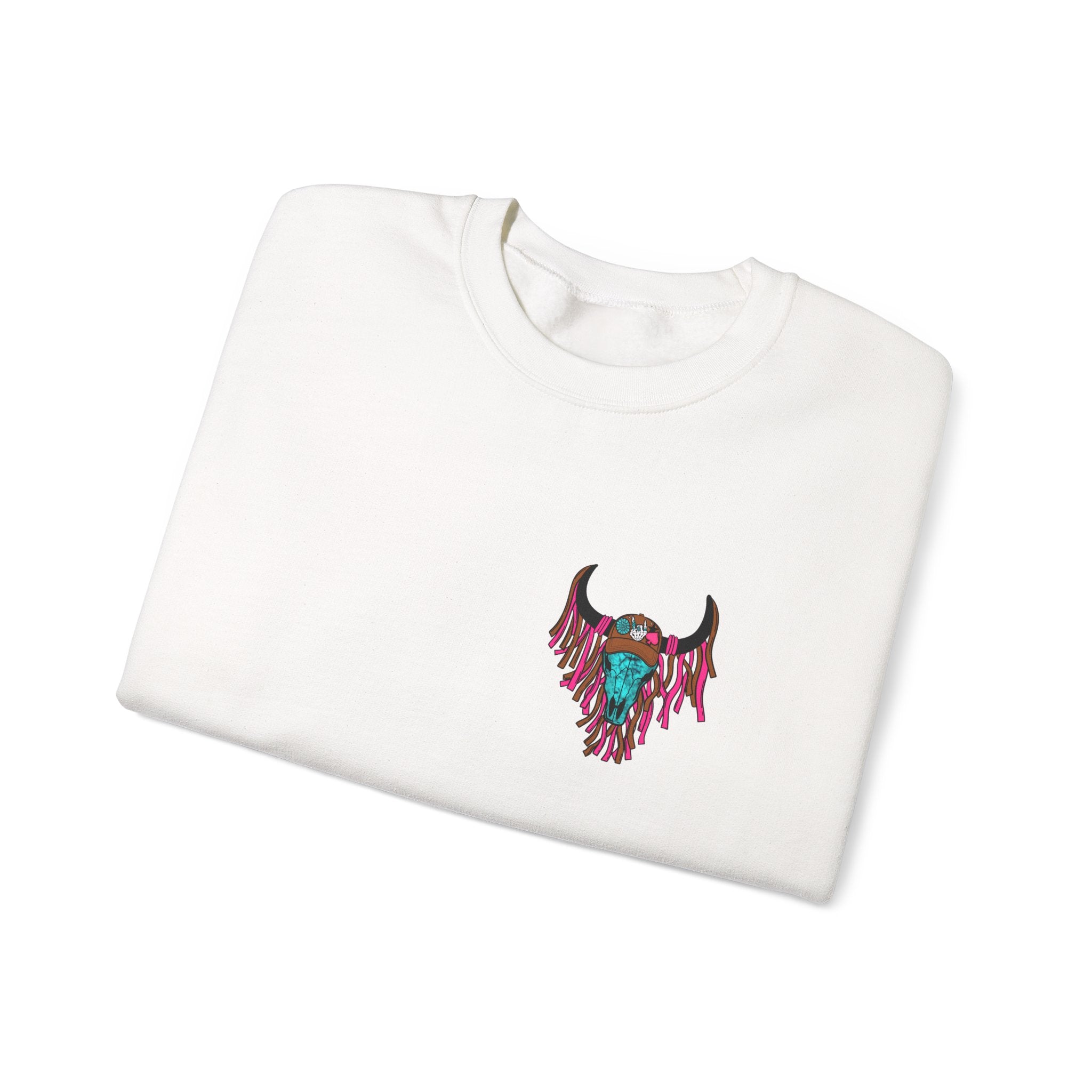 Double-sided Mama Cow Skull Graphic Sweatshirt — 'Ghana Mama' Retro Western Cow Print Pullover