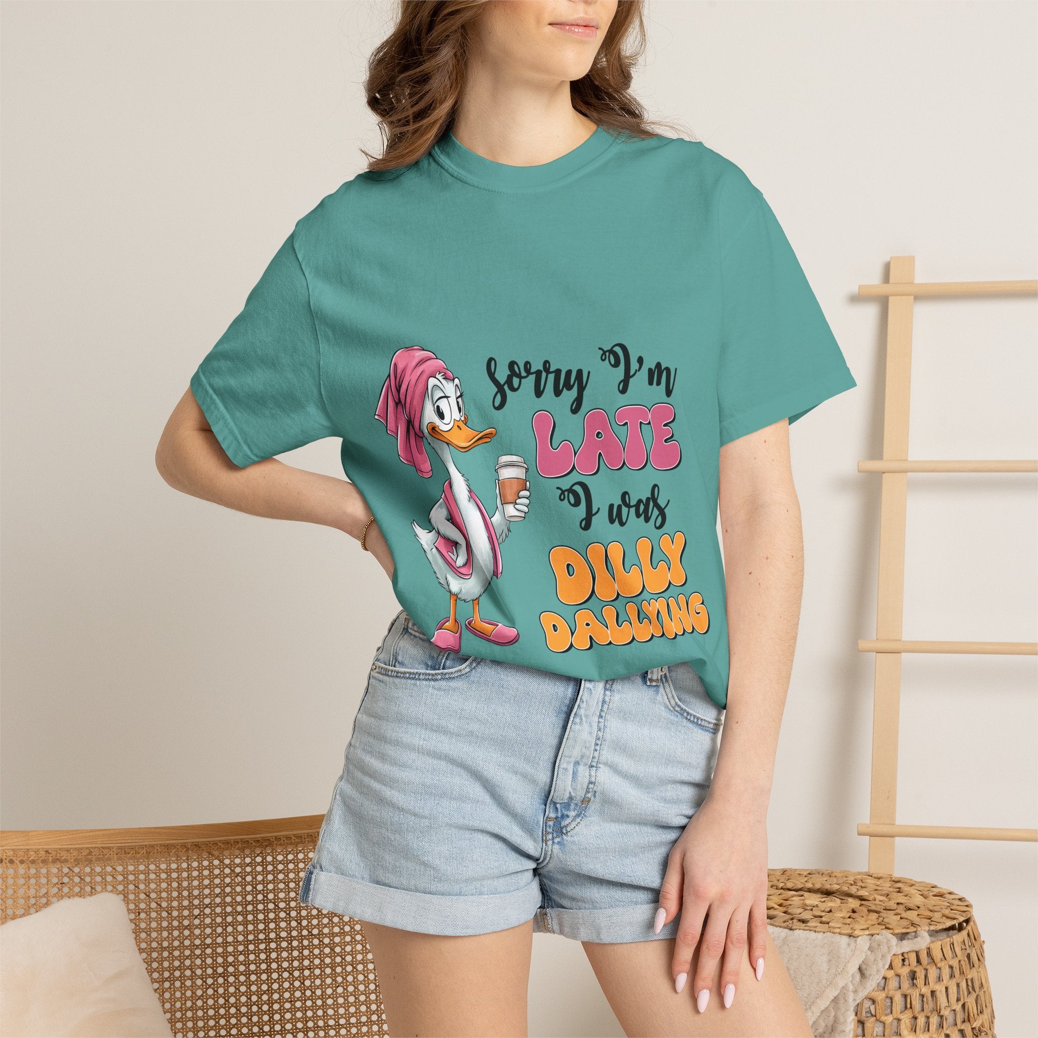 Funny Duck T-Shirt — "Sorry I'm Late I Was Dilly Dallying" Cartoon Tee