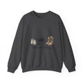Crewneck Sweatshirt — "He's Working" Graphic with Boots, Bow & Baby Shoes