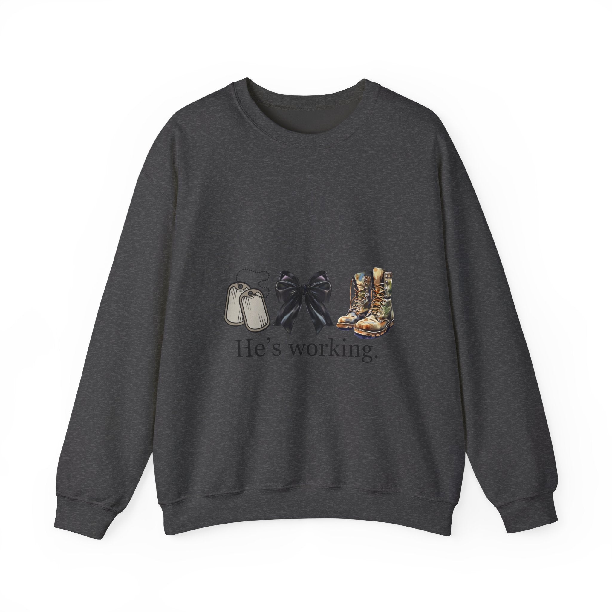 Crewneck Sweatshirt — "He's Working" Graphic with Boots, Bow & Baby Shoes