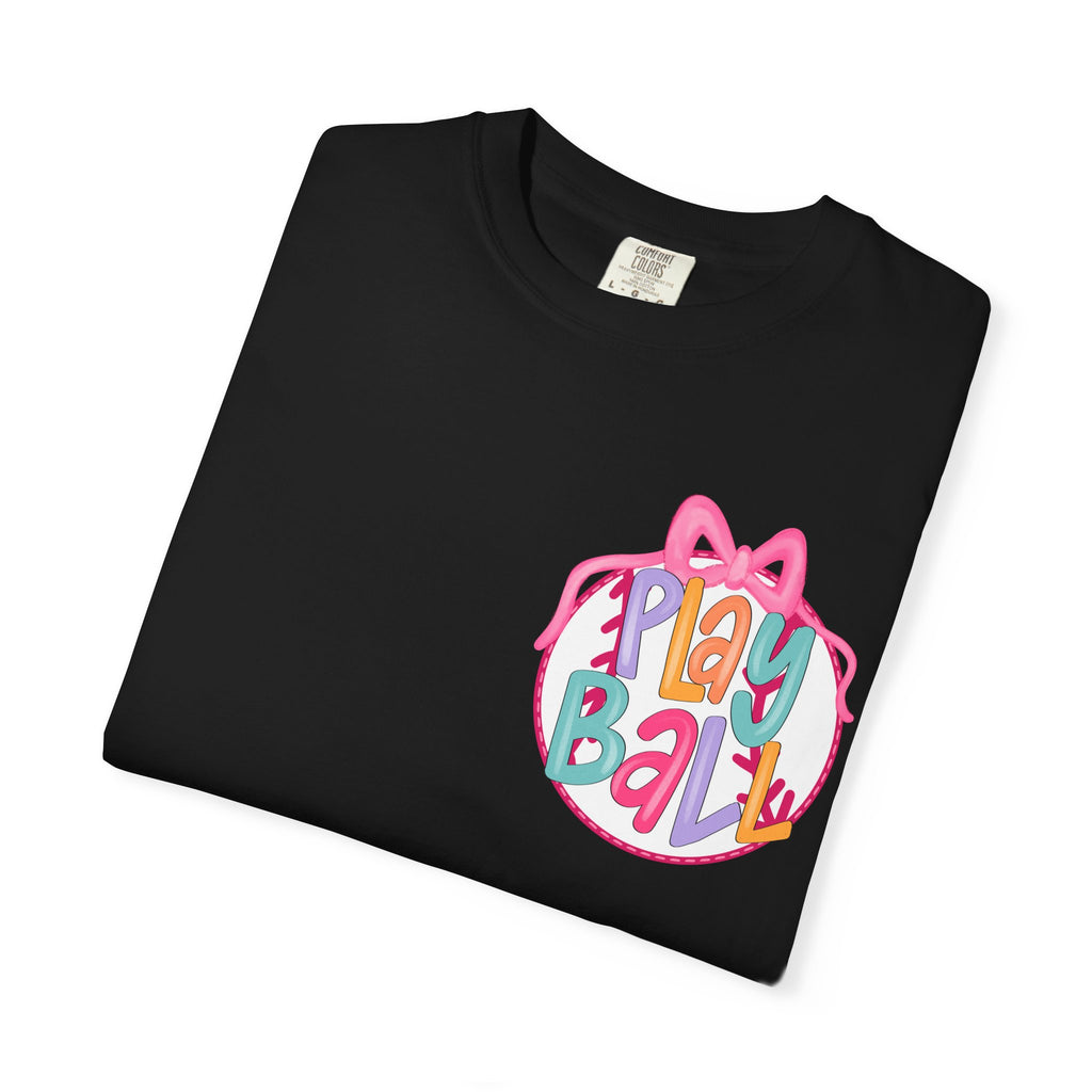 Softball Tee — "Play Ball" Front & "Pitch, Batter, Batter, Swing" Heart Back