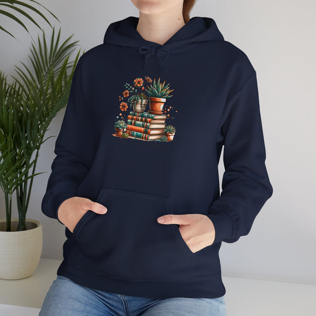 Plant Lover Hoodie – 'Plant Lady With Books' Cozy Botanical Pullover