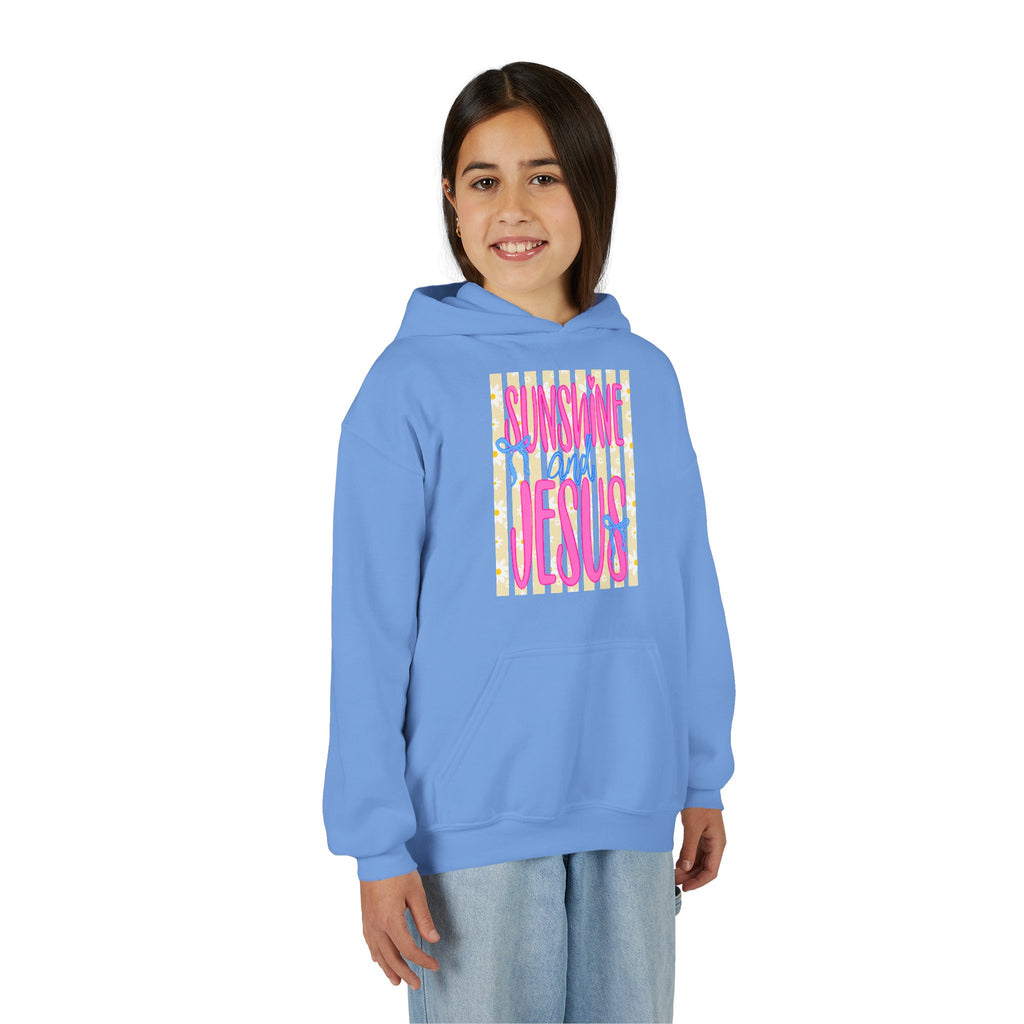 Youth Hoodie – "Sunshine & Jesus" Colorful Faith Graphic