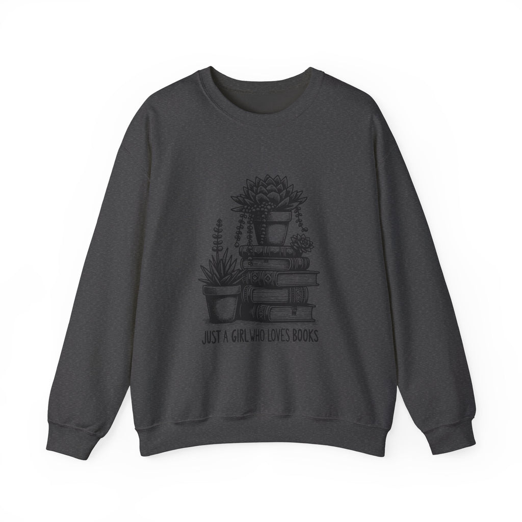 Book Lover Sweatshirt — “Just a Girl Who Loves Books” Cozy Crewneck with Succulent Stack Design