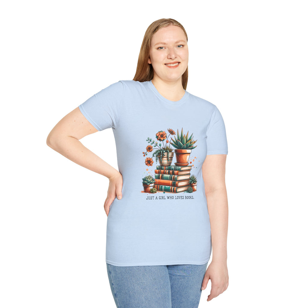 Book Lover T-Shirt — "Just a Girl Who Loves Books" Floral Stack Tee