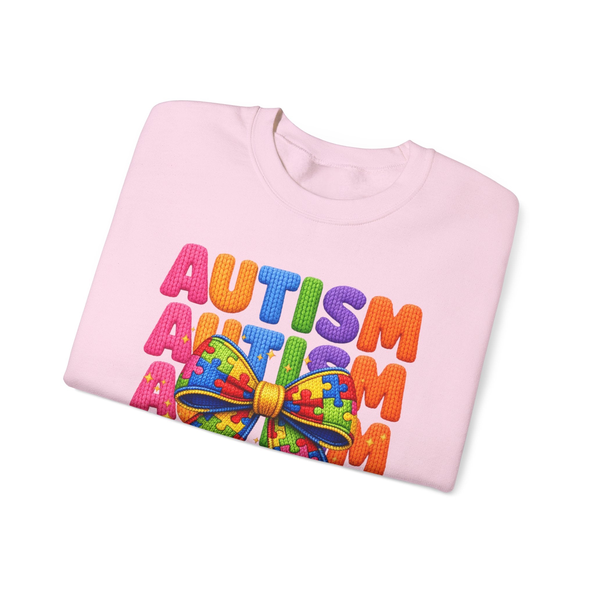 Autism Awareness Crewneck Sweatshirt — Colorful Puzzle Bow Design