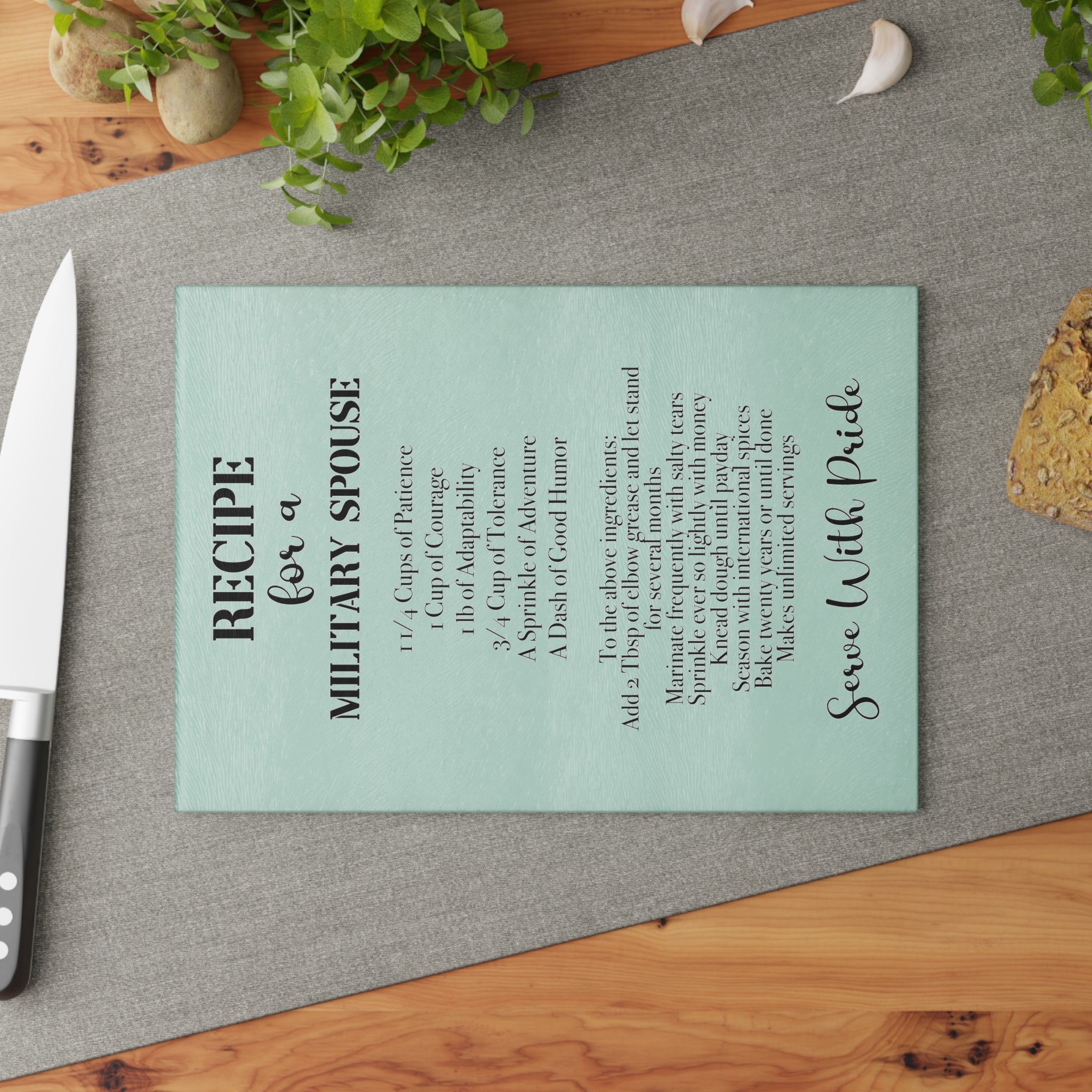 Glass Cutting Board — "Recipe for a Military Spouse" Decorative Kitchen Cutting Board, Serve With Pride