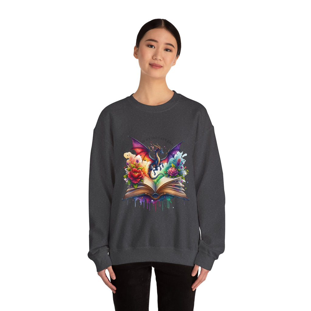 Crewneck Sweatshirt — Fantasy Dragon Emerging From Open Book with Flowers