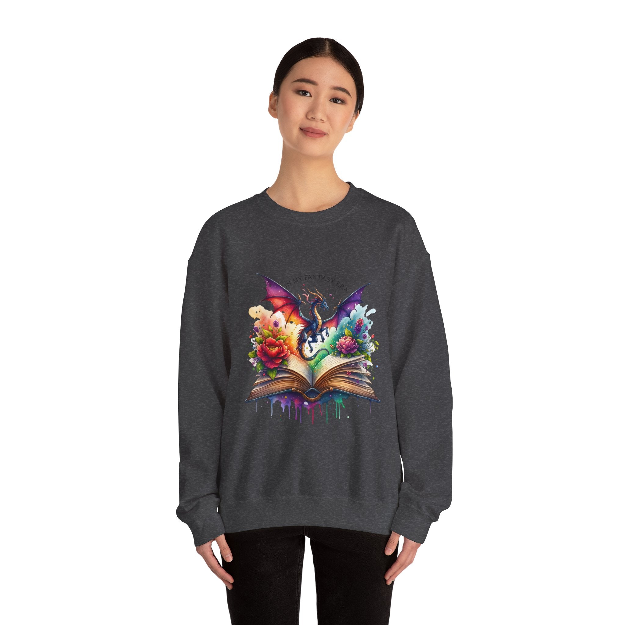 Crewneck Sweatshirt — Fantasy Dragon Emerging From Open Book with Flowers