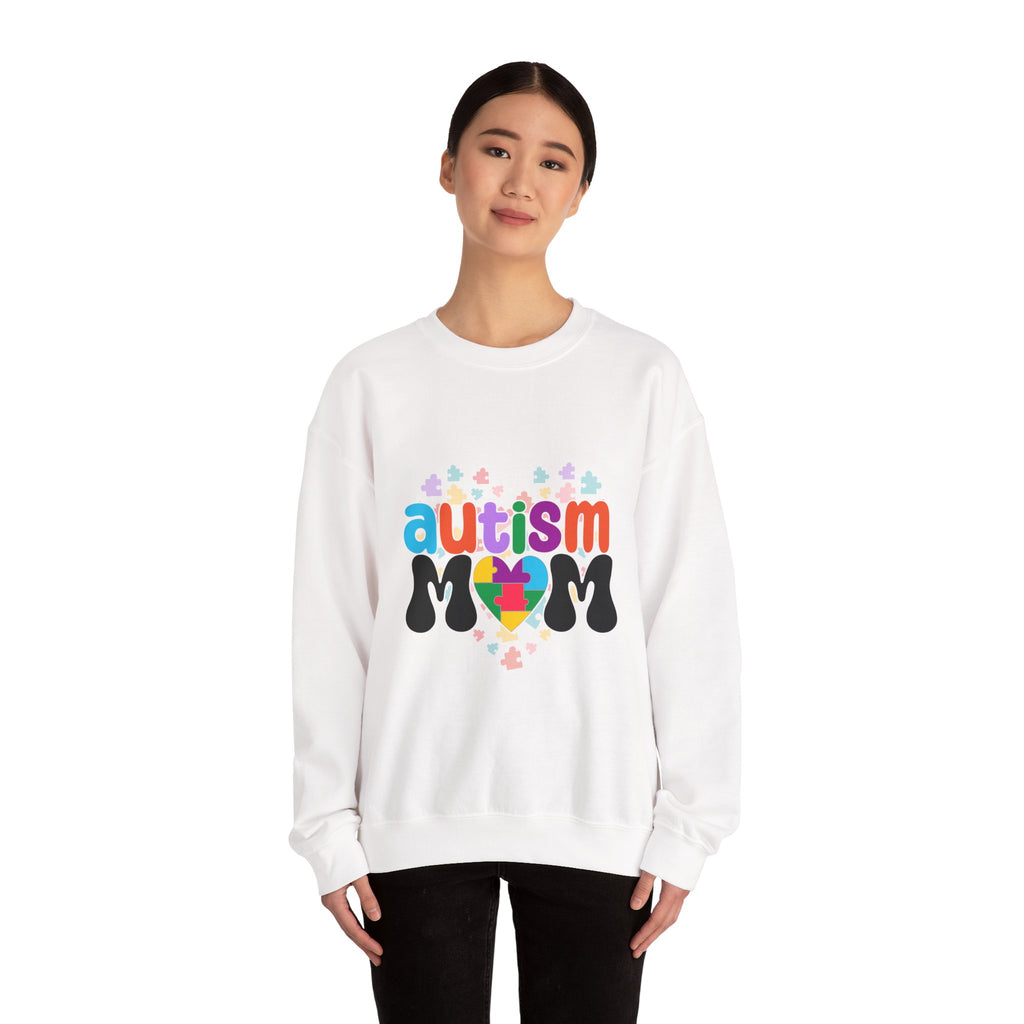Autism Mom Crewneck Sweatshirt — Colorful Puzzle Heart Awareness Pullover