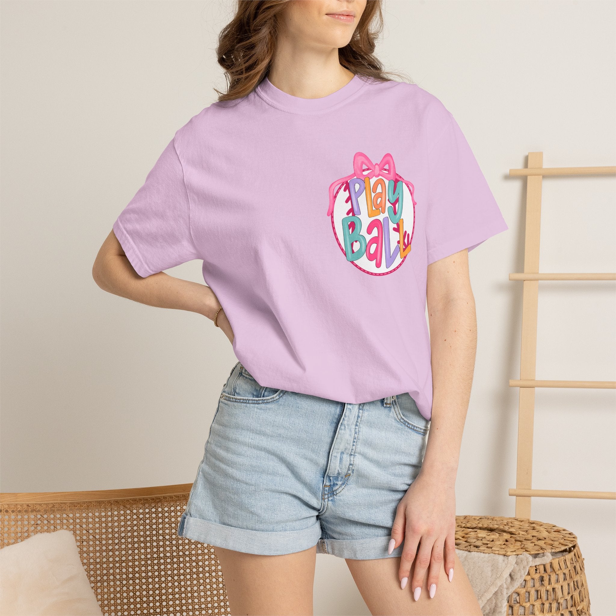 Softball Tee — "Play Ball" Front & "Pitch, Batter, Batter, Swing" Heart Back
