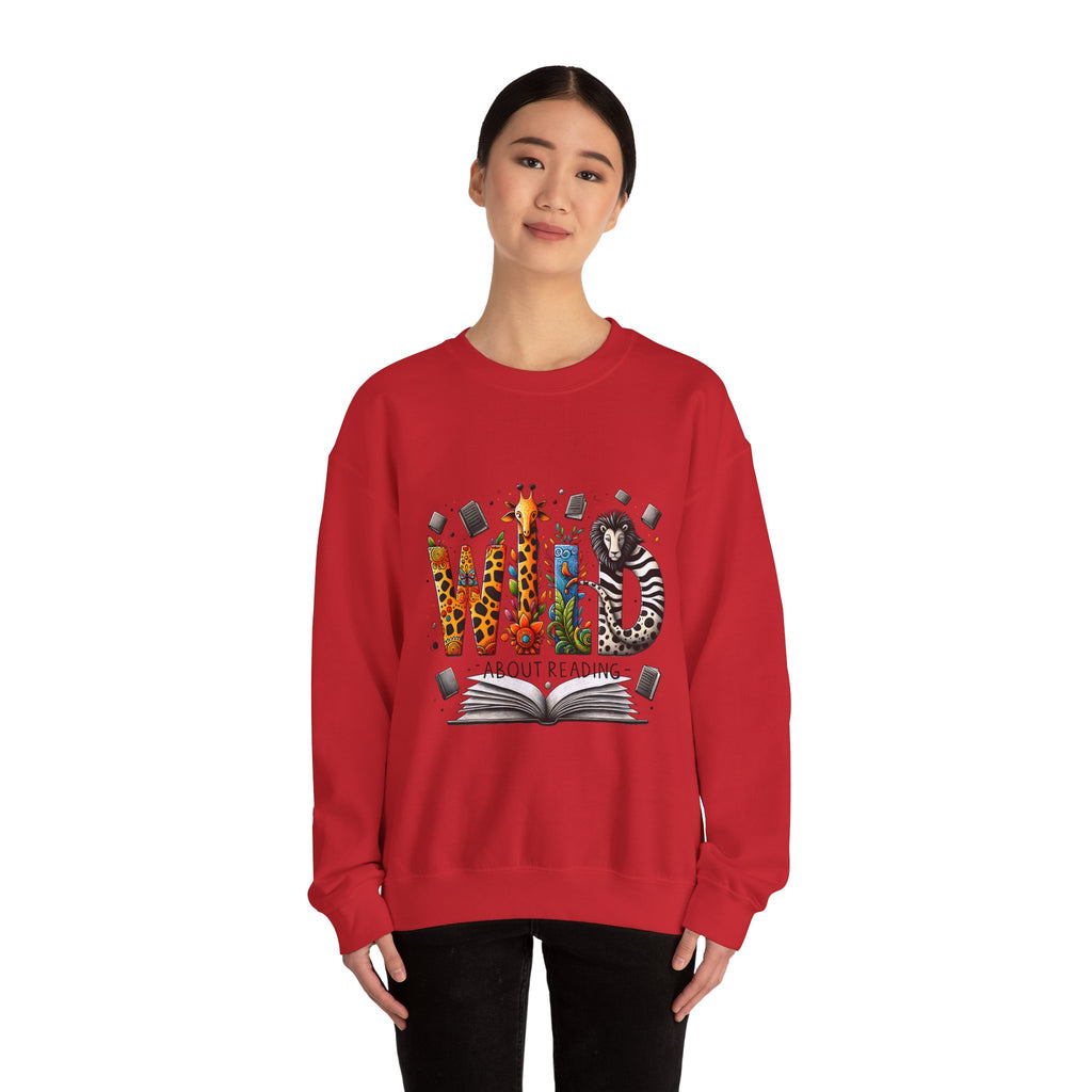Sweatshirt — "Wild About Reading" Animal Letters Book Lover Crewneck