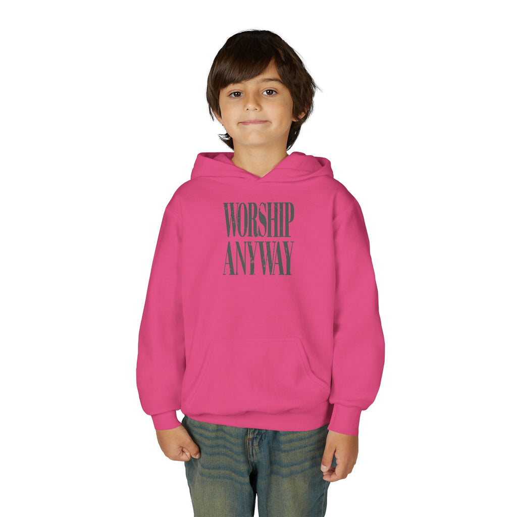 Youth Hoodie — "Worship Anyway" Minimalist Faith Pullover