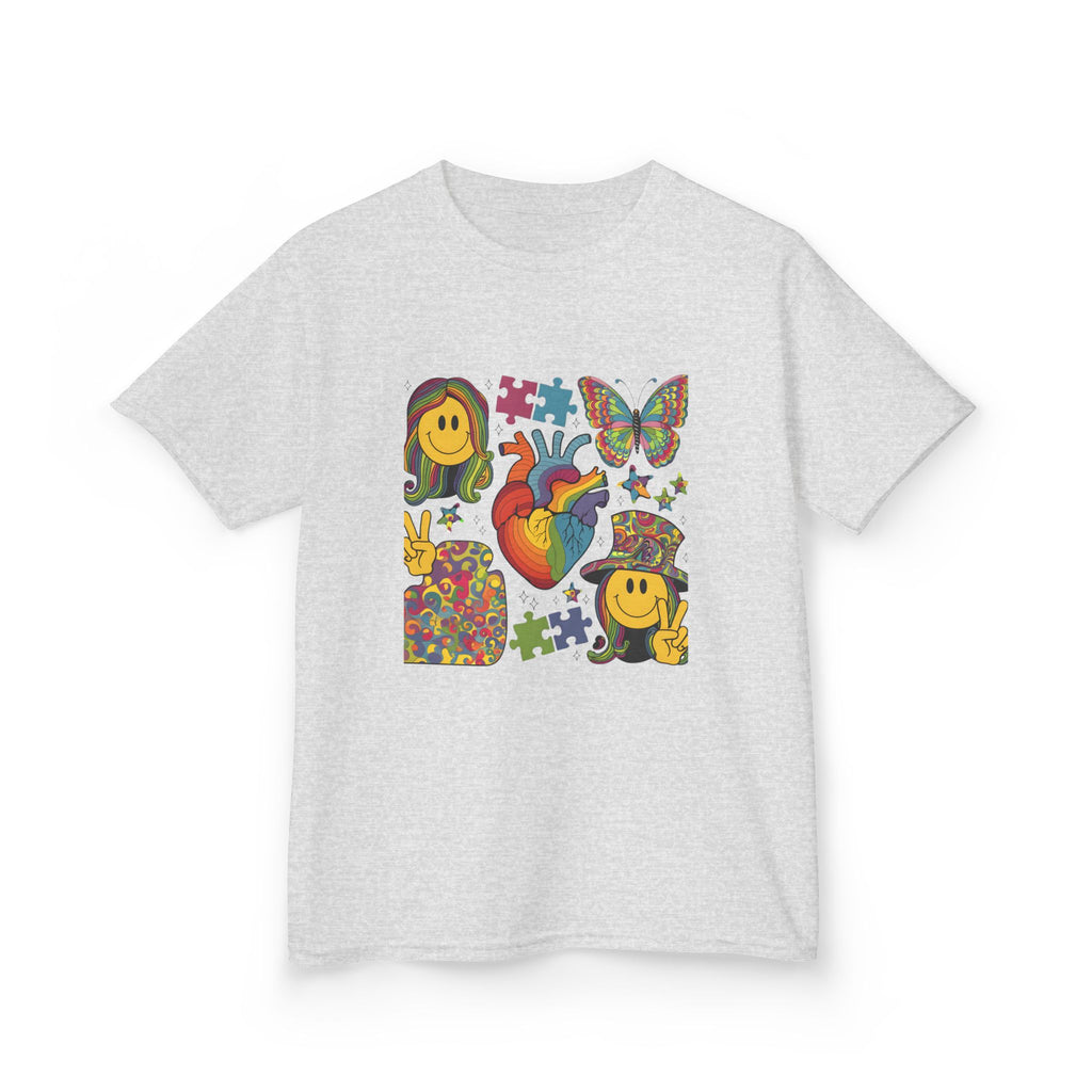 Kids Tee — Colorful Psychedelic Smiley & Puzzle Heart Graphic