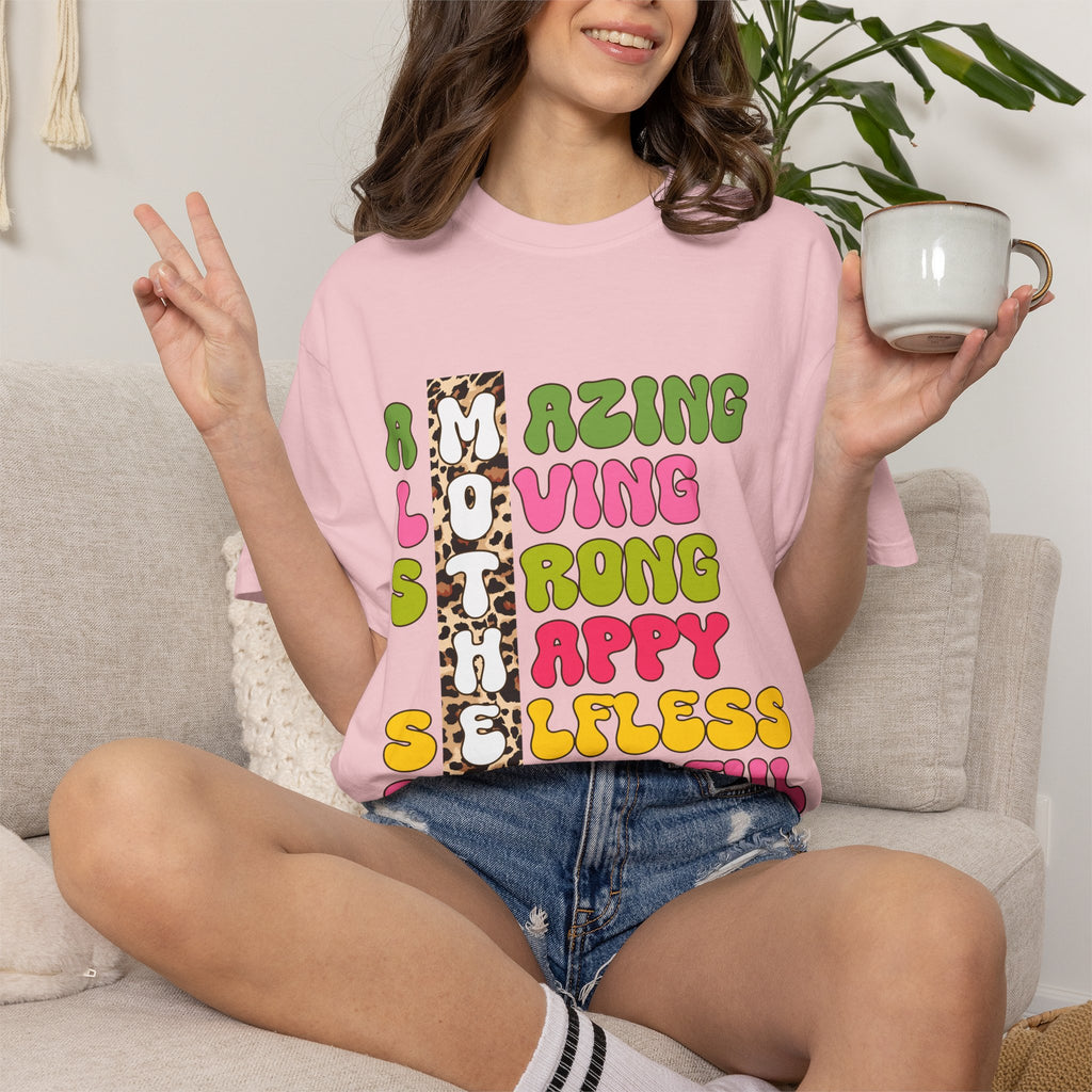Mother Acrostic Graphic T-Shirt — Retro Bubble Letters & Leopard Accent