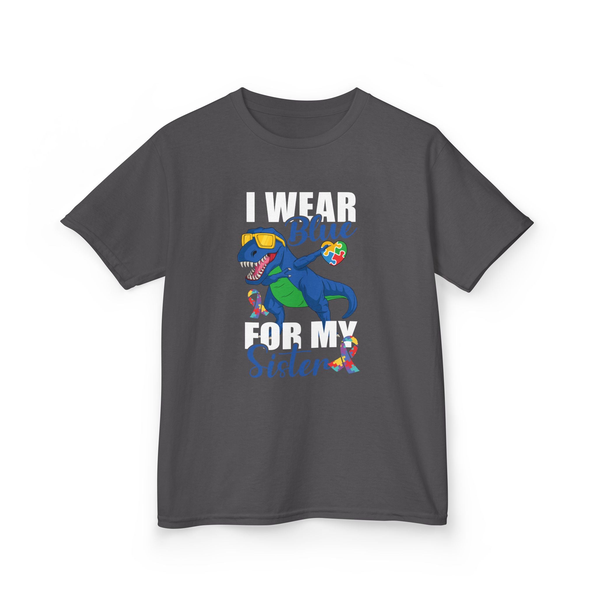Kids T‑Shirt — "Blue Sister" Rainbow Autism Awareness Dino Tee