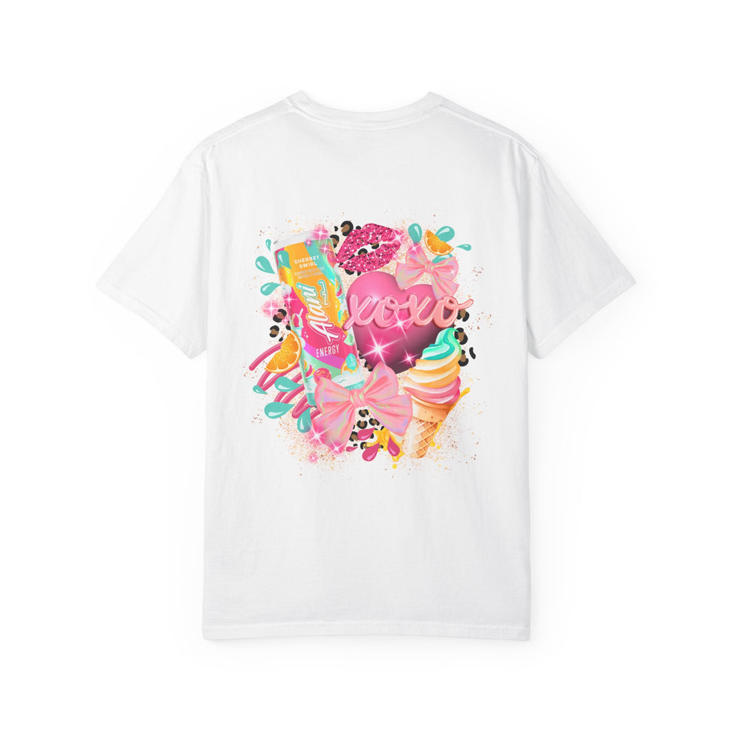 Graphic T-Shirt — Vibrant Pink Dessert Collage with 'Alani Nu' Chest Script