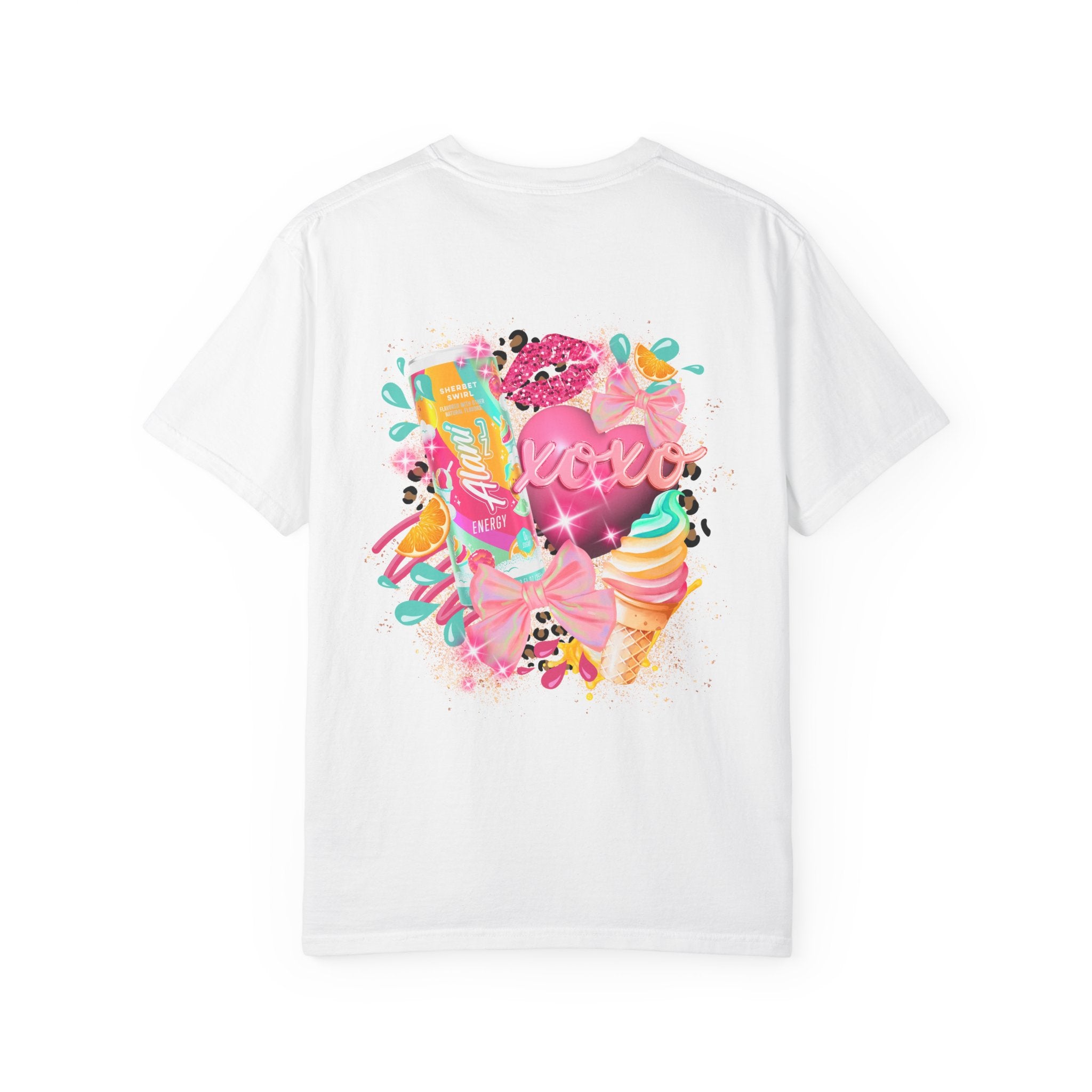 Graphic T-Shirt — Vibrant Pink Dessert Collage with 'Alani Nu' Chest Script