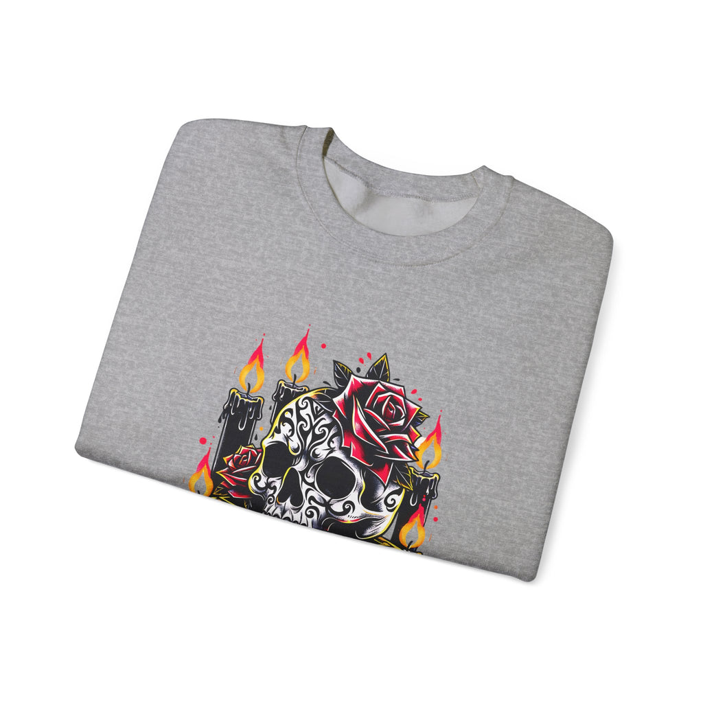 Skull & Rose Candle Crewneck Sweatshirt — Gothic Vintage Tattoo Design