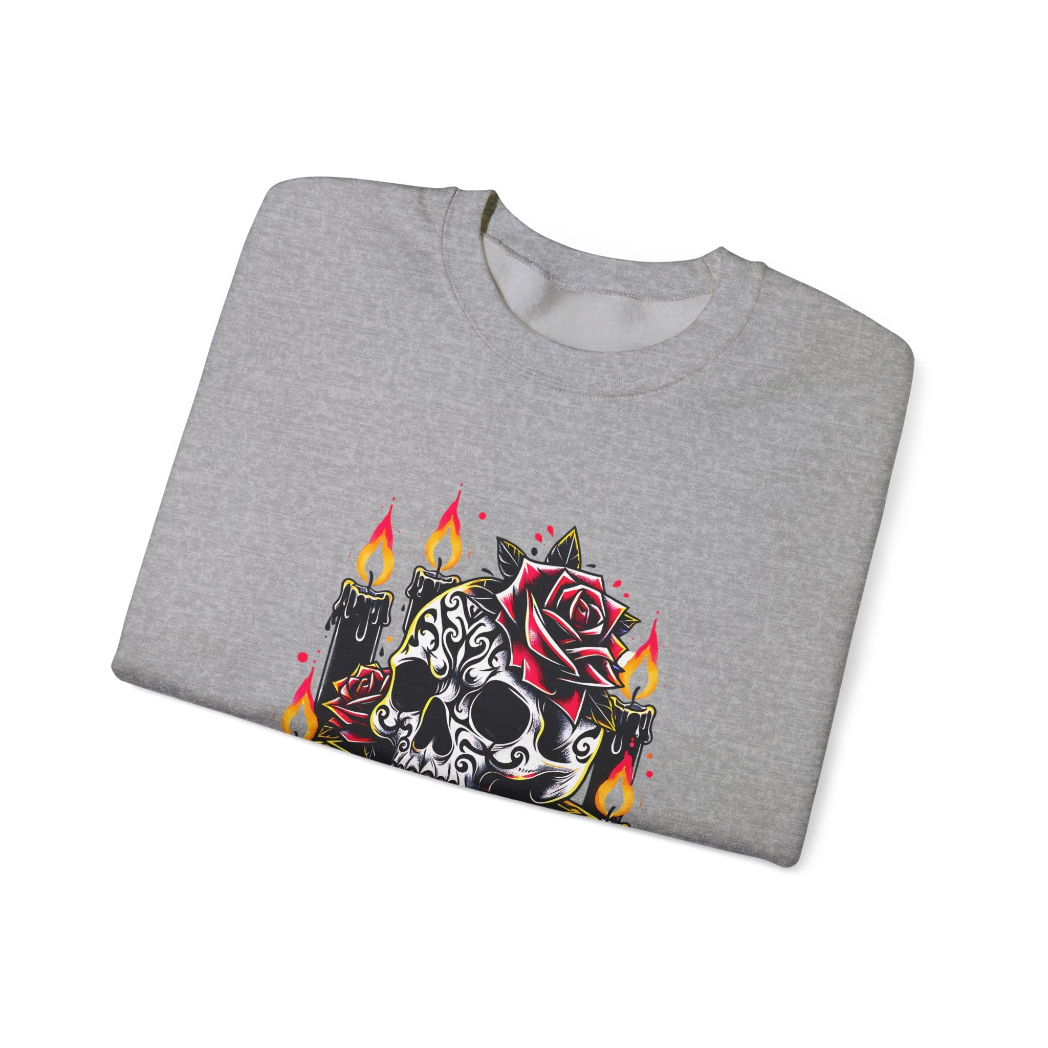 Skull & Rose Candle Crewneck Sweatshirt — Gothic Vintage Tattoo Design
