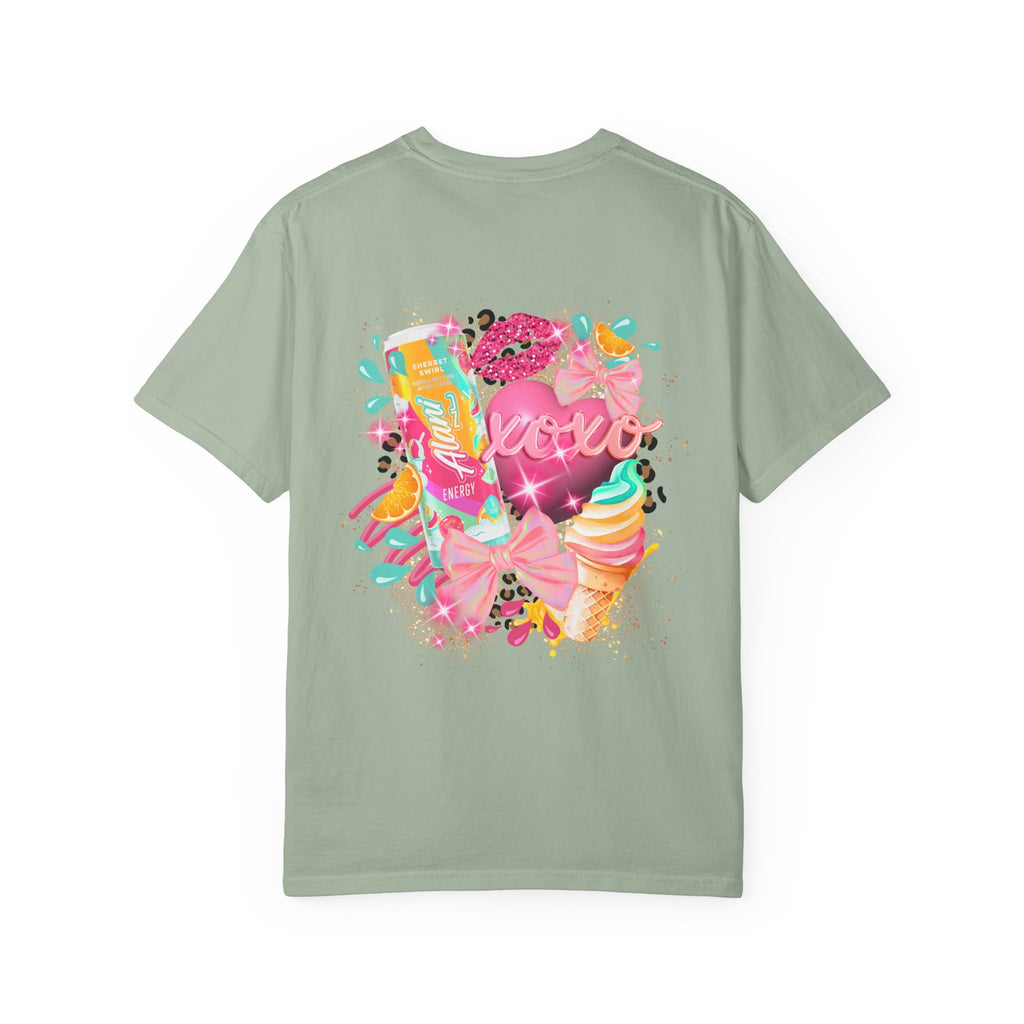 Graphic T-Shirt — Vibrant Pink Dessert Collage with 'Alani Nu' Chest Script
