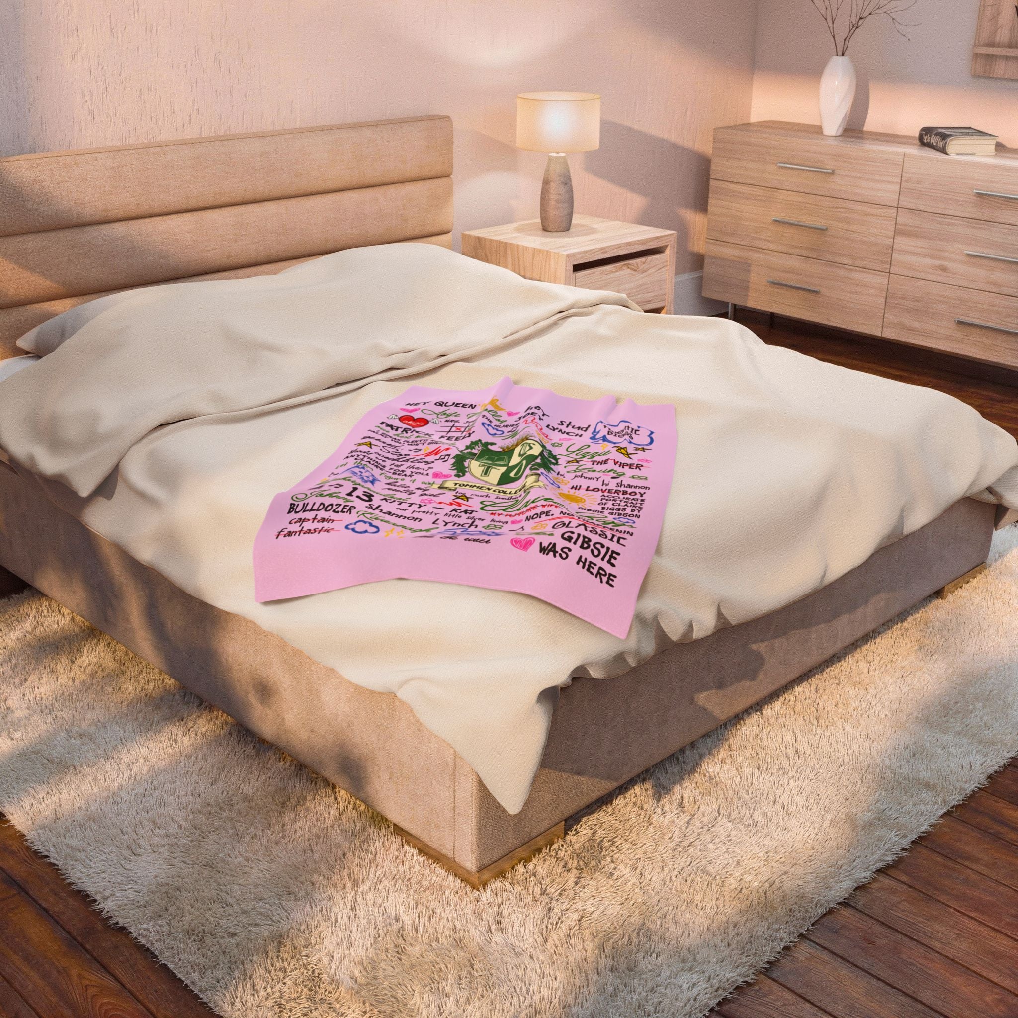 Velveteen Plush Blanket — Pink Doodle College Crest Throw