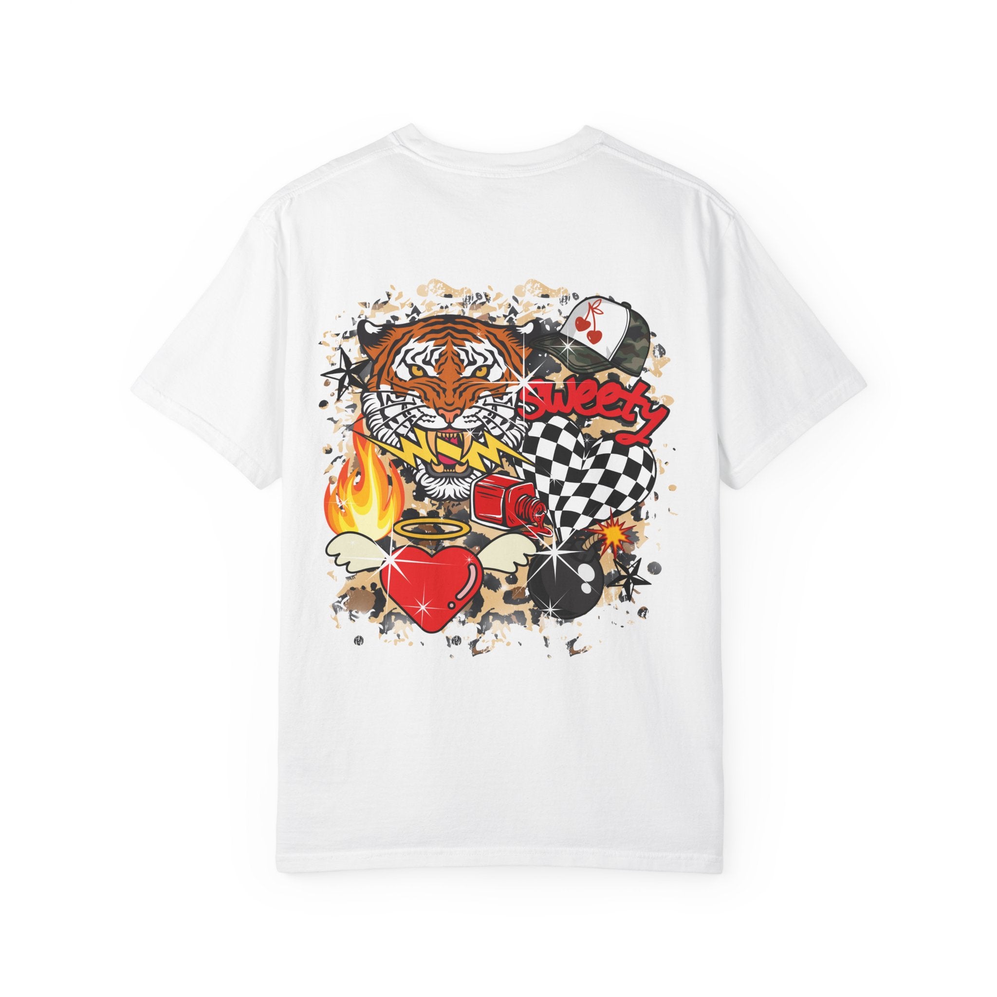 Graphic T-Shirt — Checker Heart & Tiger Collage Design