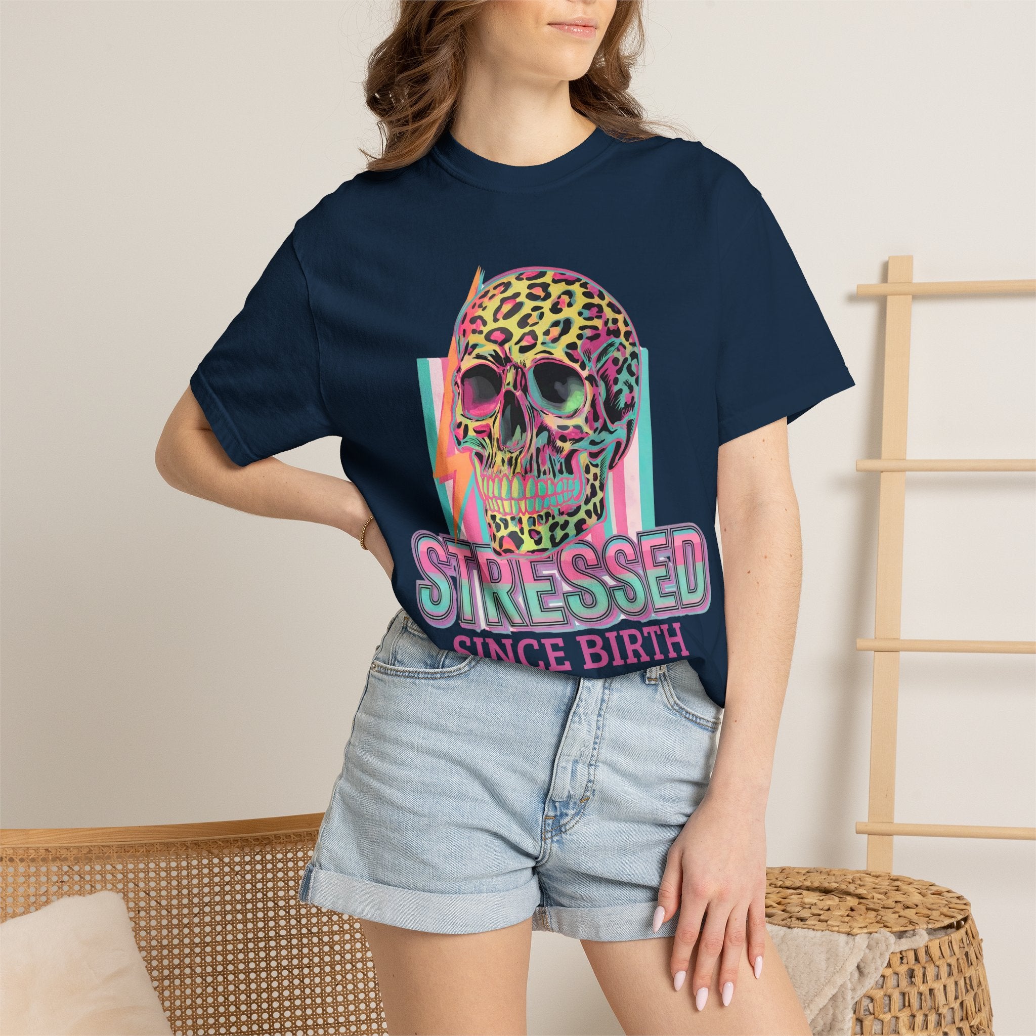 Stressed Since Birth T-Shirt — Neon Leopard Skull Graphic Tee