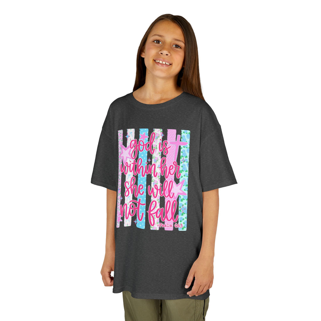 Kids Tee — "God is Within Her She Will Not Fall" Inspirational Girls T‑Shirt (Pink & Pastel)