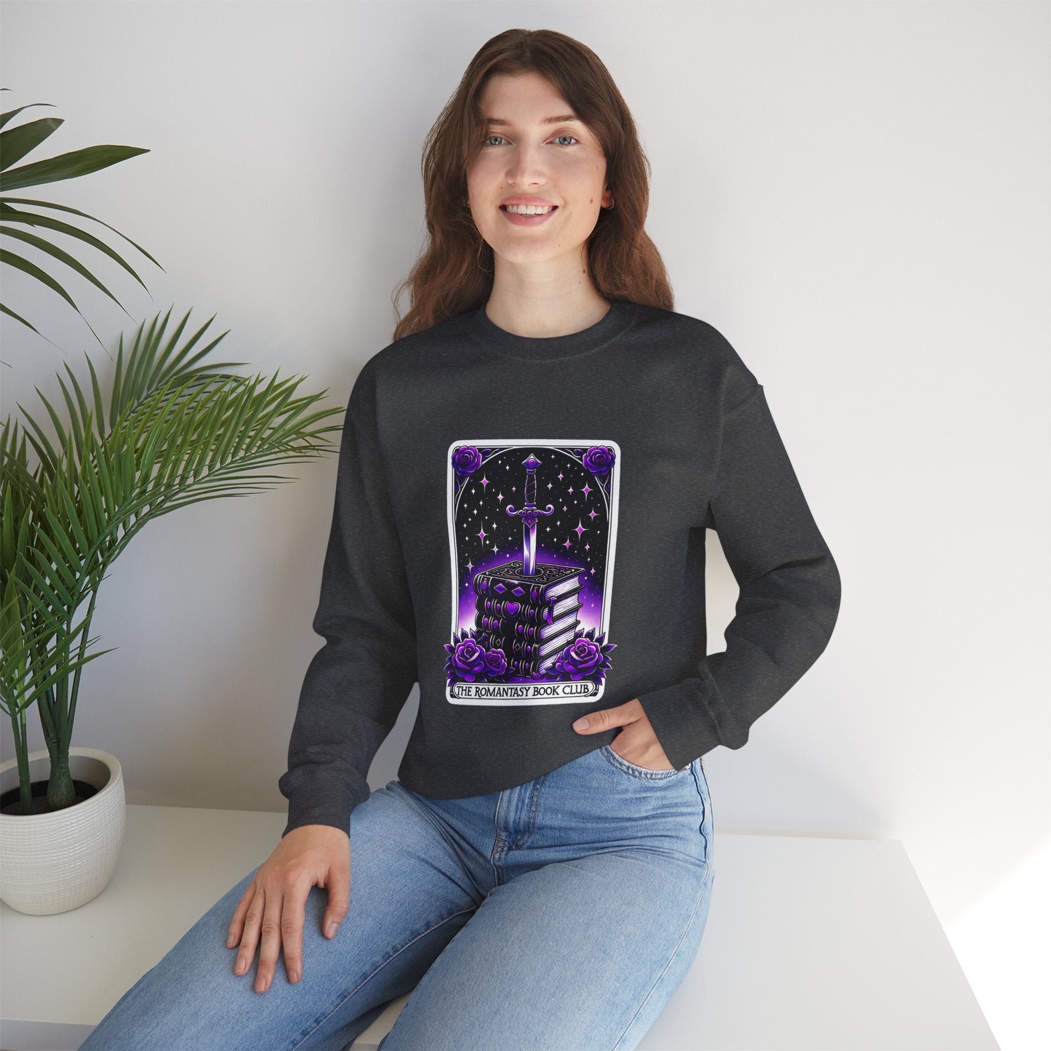 Crewneck Sweatshirt — The Bookish Witch: 'The Enchanted Book Club' Purple Sword & Books Graphic