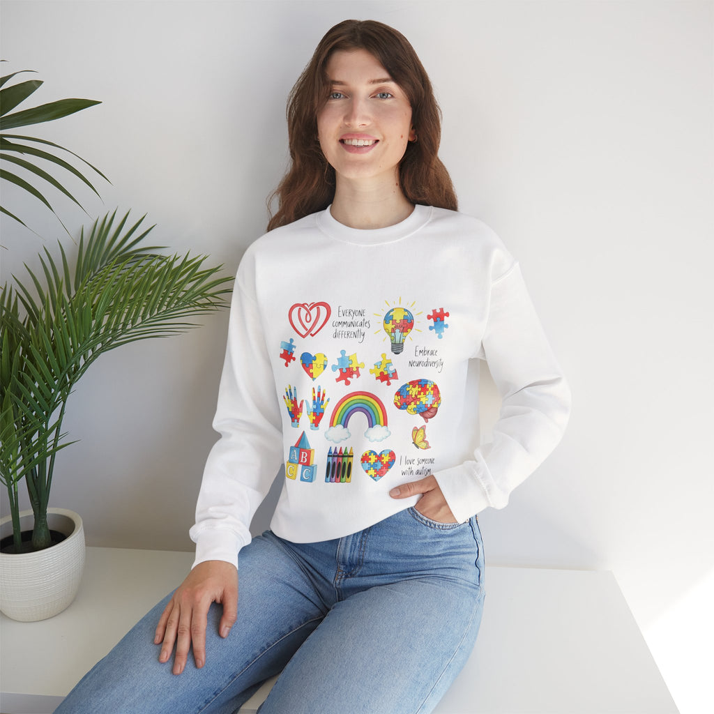 Autism Awareness Crewneck Sweatshirt — Puzzle Heart Rainbow Design