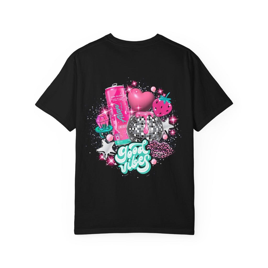 Good Vibes Graphic T-Shirt — 'Alani Nu' Chest Text, Pink Disco Back Design