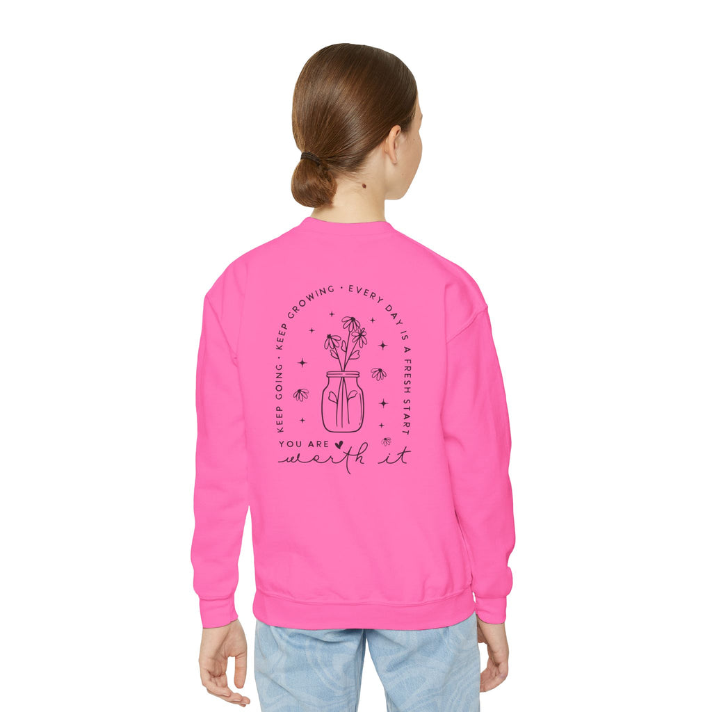 Youth Crewneck Sweatshirt — "You Are Worthy" Floral Graphic Sweatshirt
