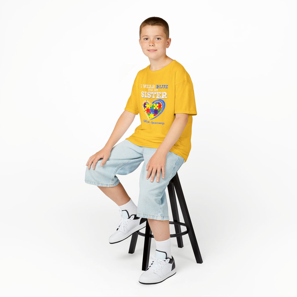 Autism Awareness Kids Tee — "I Wear Blue For My Sister" Puzzle Heart