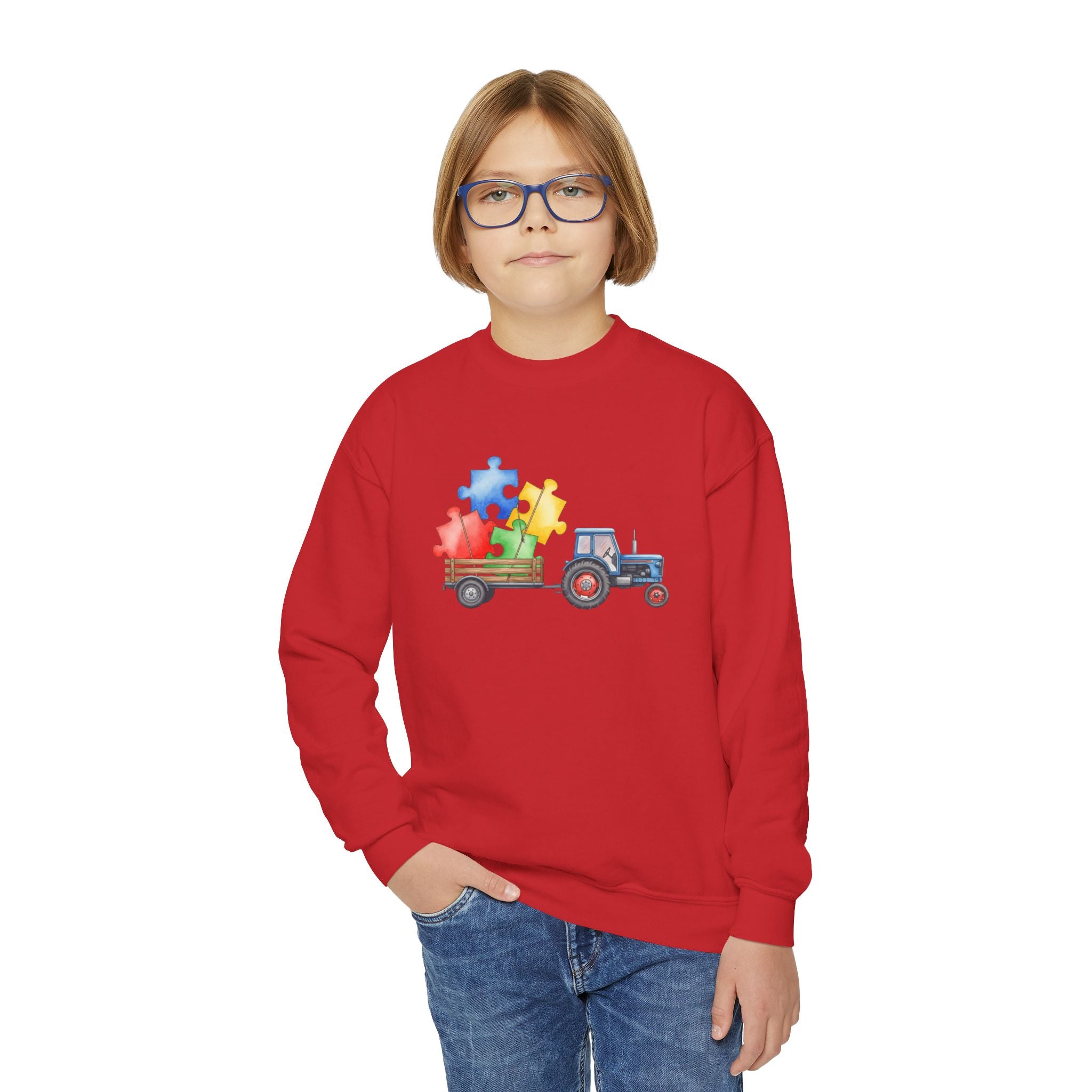 Youth Crewneck Sweatshirt – Tractor with Colorful Puzzle Pieces Kids Pullover (Autism Awareness)